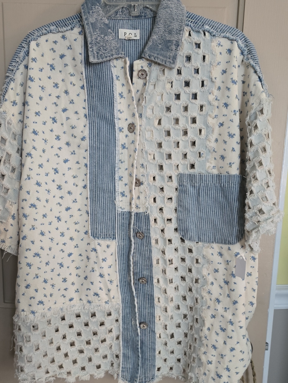 POL Cream and Light Blue Mixed-Textile Button-Down Shirt